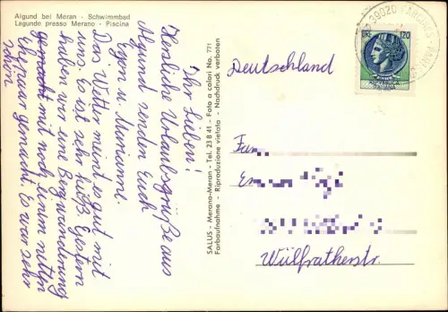 Cartolina Algund b. Meran Schwimmbad 1978