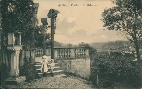 Schwäbisch Gmünd Partie v. St. Salvator. Kinder Jesuskreuz 1916  gel. Feldpost
