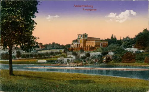 Ansichtskarte Aschaffenburg Pompejanum Fluß 1914