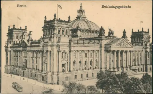 Ansichtskarte Berlin Reichstag Eckansicht Straßenbahn 1917