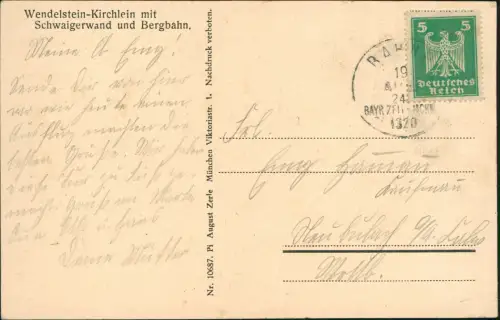 Bayrischzell Wendelstein-Kirchlein mit Schwaigerwand 1926  Stempel Bahnhof BZ