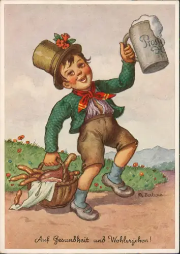 Künstlerkarte Auf Gesundheit und Wohlergehen! Junge Bierseidel 1962