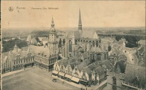 Postkaart Veurne Furnes Panorama (Ste. Walburge). 1915  gel. Feldpoststempel