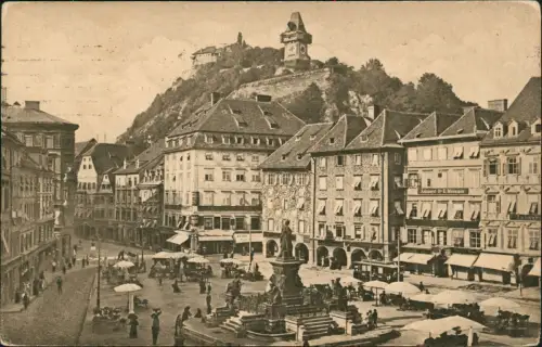Ansichtskarte Graz Hauptplatz Marktstände Straßenbahn 1908