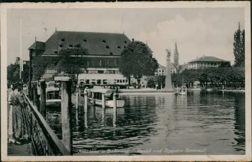 Ansichtskarte Konstanz Konzil Boote und Zeppelin-Denkmal 1943