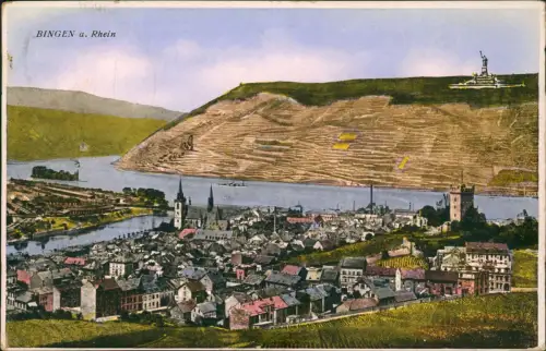 Ansichtskarte Bingen am Rhein Stadtblick mit Niederwalddenkmal 1928