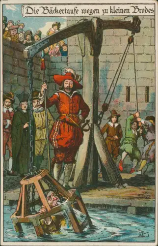 Künstlerkarte Die Bäckertaufe wegen zu kleinen Brodes Strafe 1922