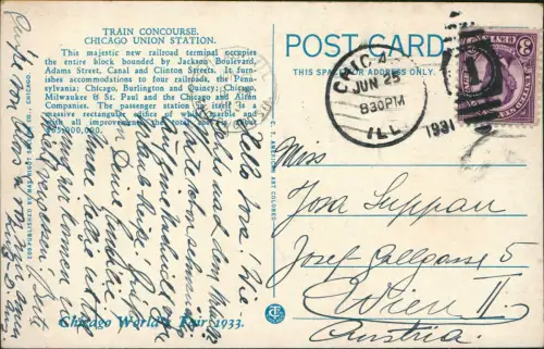 Postcard Chicago Union Station - Train Concourse - Bahnhof 1925