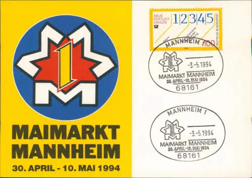 Mannheim Maimarkt mit Briefmarke Neue Postleitzahlen und Sonderstempel 1994