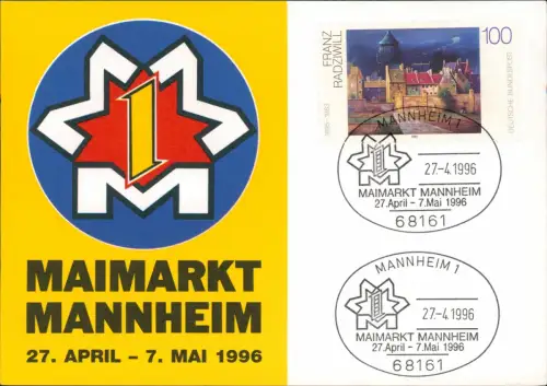 Briefmarke/Stamp Mannheim Maimarkt Sonderstempel Marke: Franz Radziwill 1996