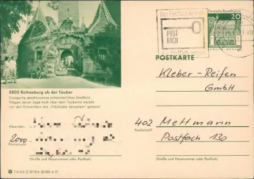 Rothenburg ob der Tauber Ganzsache 115 515 C 27/216 20 000 4.71 1971