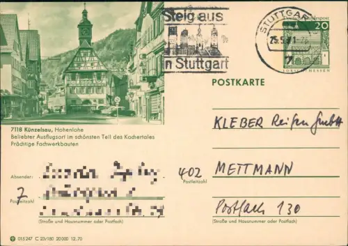 Künzelsau Ganzsache 015247 C 23/180 20000 12.70 LORSCH/Hessen 1971