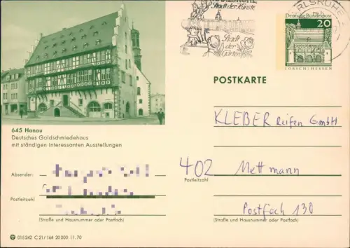 Ganzsache Hanau Ganzsache 015242 C 21/164 20 000 11.70 LORSCH 645 1970