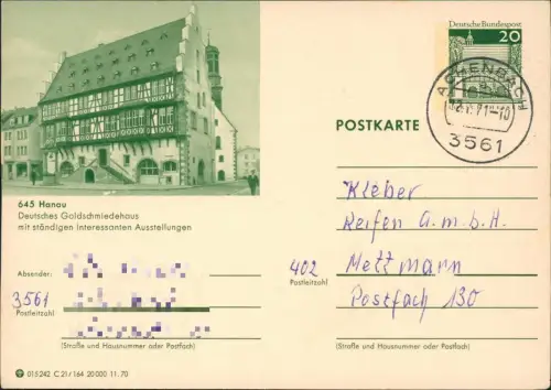 Ganzsache Hanau Ganzsache 015242 C 21/164 20 000 11.70 LORSCH 645 1970
