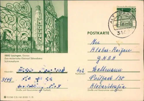 Lauingen (Donau) Ganzsache 015242 C 21/165 20000 11.70  1971