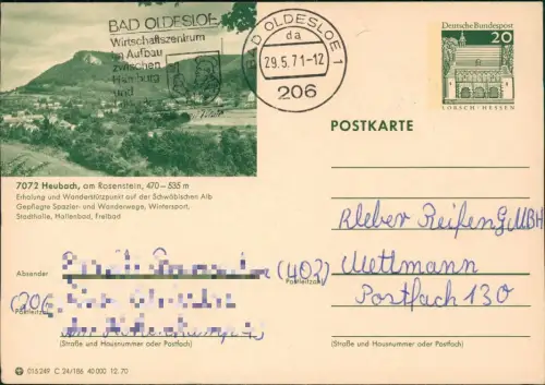 Heubach (Württemberg) Ganzsache 015249 C 24/186 40000 LORSCH 7072 Stempel 1971