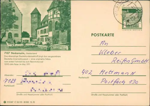 Neckarsulm Ganzsache 015247 C 23/181 20 000 12.70 LORSCH/HESSEN 1971
