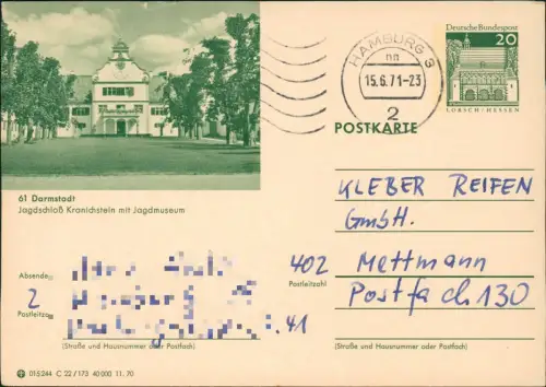 Kranichstein-Darmstadt Ganzsache 015244 C 22/173 40 000 11.70 LORSCH/HESSEN 1971