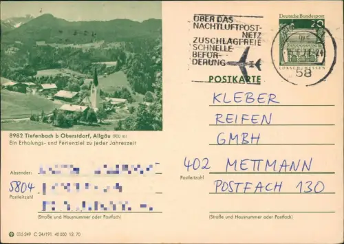 Tiefenbach-Oberstdorf (Allgäu) Ganzsache 015249 C 24/191 40000 12.70 1970