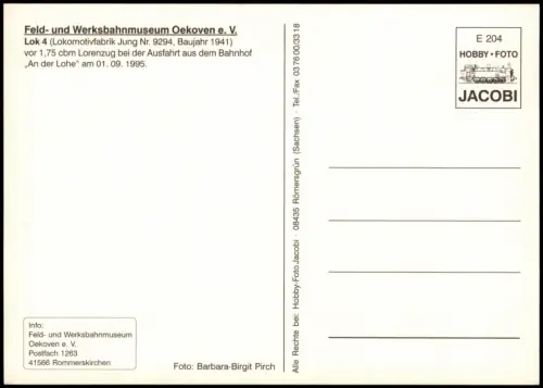 Ansichtskarte  Lok 4 des Feld- und Werksbahnmuseums Oekoven 1995