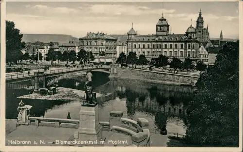 Ansichtskarte Heilbronn Neckarbrücke Bismarckdenkmal m. Postamt 1930
