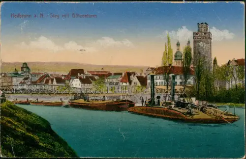 Ansichtskarte Heilbronn Steg mit Götzenturm Dampfer Schlepper 1922