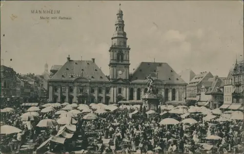 Ansichtskarte Mannheim Marktplatz Marktstände 1903  gel Bahnpoststempel
