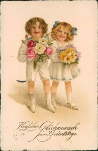 Ansichtskarte  Geburtstag Birthday Junge Mädchen Matrosenanzug Blumen 1938