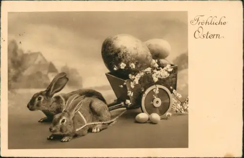 Ansichtskarte  Ostern Easter Osterhasen Ostereierwagen Fotokunst 1935