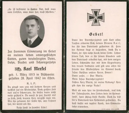 Unteroffizier Gedenkblatt Gebet Porträt WK2 1942