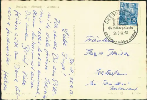Ansichtskarte Dresden Altmarkt  1957  Sonderstempel Eröffnung Gemäldegalerie