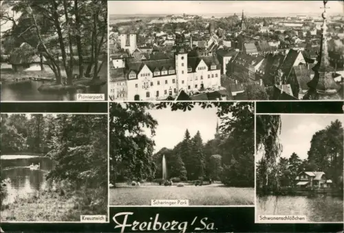 Freiberg Sachsen DDR Mehrbildkarte Pionierpark, Scheringer-Park Kreuzteich 1977