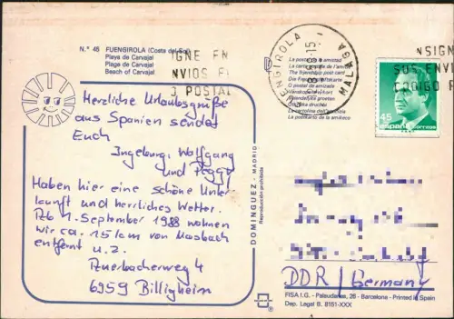 Postale FUENGIROLA Playa de Carvajal 1988