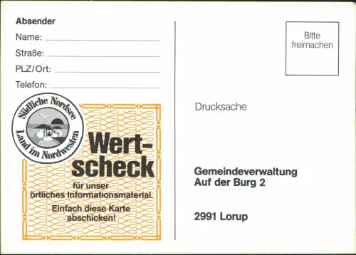 Lorup Bild-Postkarte Ortsansicht Drucksache Antwortkarte "Wertscheck" 1980