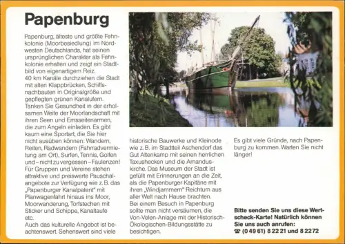 Papenburg (Ems) Bild-Postkarte Ortsansicht   Antwortkarte "Wertscheck" 1980