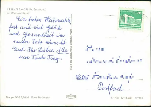 Ansichtskarte Jahnsbach Kr. Zschopau Weihnachtszeit Pyramide bei Nacht 1983