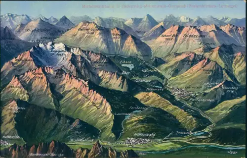 Ansichtskarte Mittenwald Reliefkarte Städte Mittelwaldbahn 1918