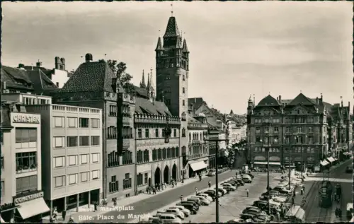 Ansichtskarte Basel Marktplatz Parkplatz Geschäfte 1962