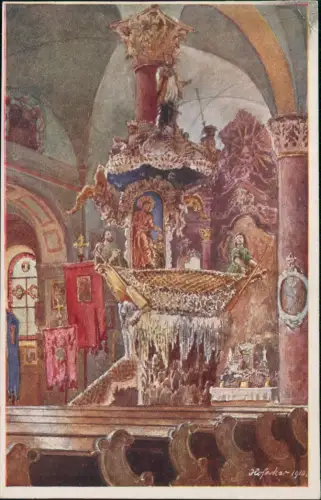 Traunkirchen Inneres der Kirche - Künstlerkarte Wiener Kunst 1913