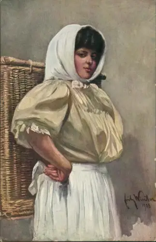 Ansichtskarte  Künstlerkarte Frau mit Kiepe sign. Fritz Winter 1908