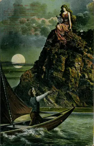 Sankt Goar Rheintal an der Loreley Künstlerkarte bei Mondschein 1913