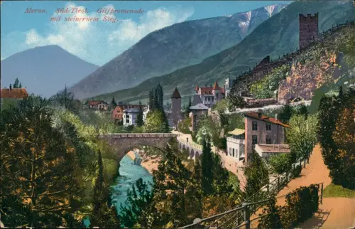 Cartolina Meran Merano Gilfpromenade steinerner Steg 1914