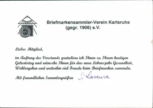 Karlsruhe Motiv-Postkarte Briefmarkensammler-Verein Karlsruhe (gegr. 1906) 2013