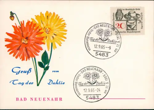 Bad Neuenahr-Ahrweiler Gruß-Karte Blumen Motiv Tag der Dahlie 1965  mit passendem Sonderstempel