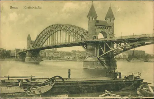Ansichtskarte Köln Rheinbrücke Schleppschiffe 1924