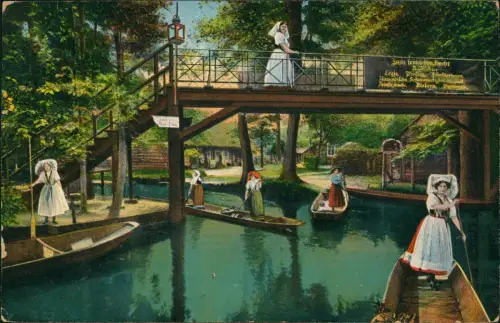 Lehde (Spreewald)-Lübbenau (Spreewald) Lubnjow Brücke Frauen auf Kähnen 1914
