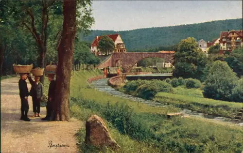 Ansichtskarte Dillweißenstein-Pforzheim Jungen auf Straße Stadt Brücke 1917