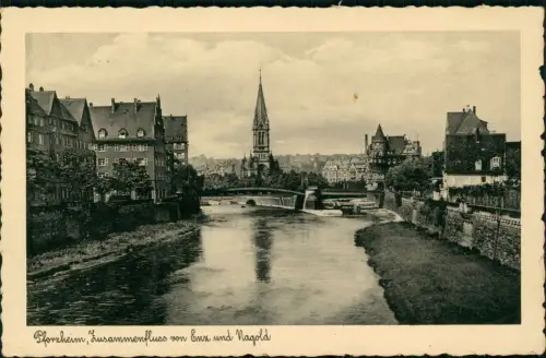 Ansichtskarte Pforzheim Zusammenfluss von Enz und Nagold Stadtpartie 1935