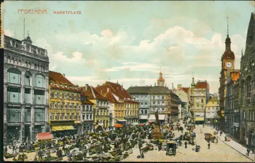 Ansichtskarte Pforzheim Marktplatz Kaufhaus Markttreiben 1912