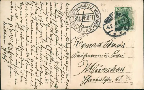 Ansichtskarte Konstanz Partie an der Seestraße 1918  Stempel Überwachungsstelle
